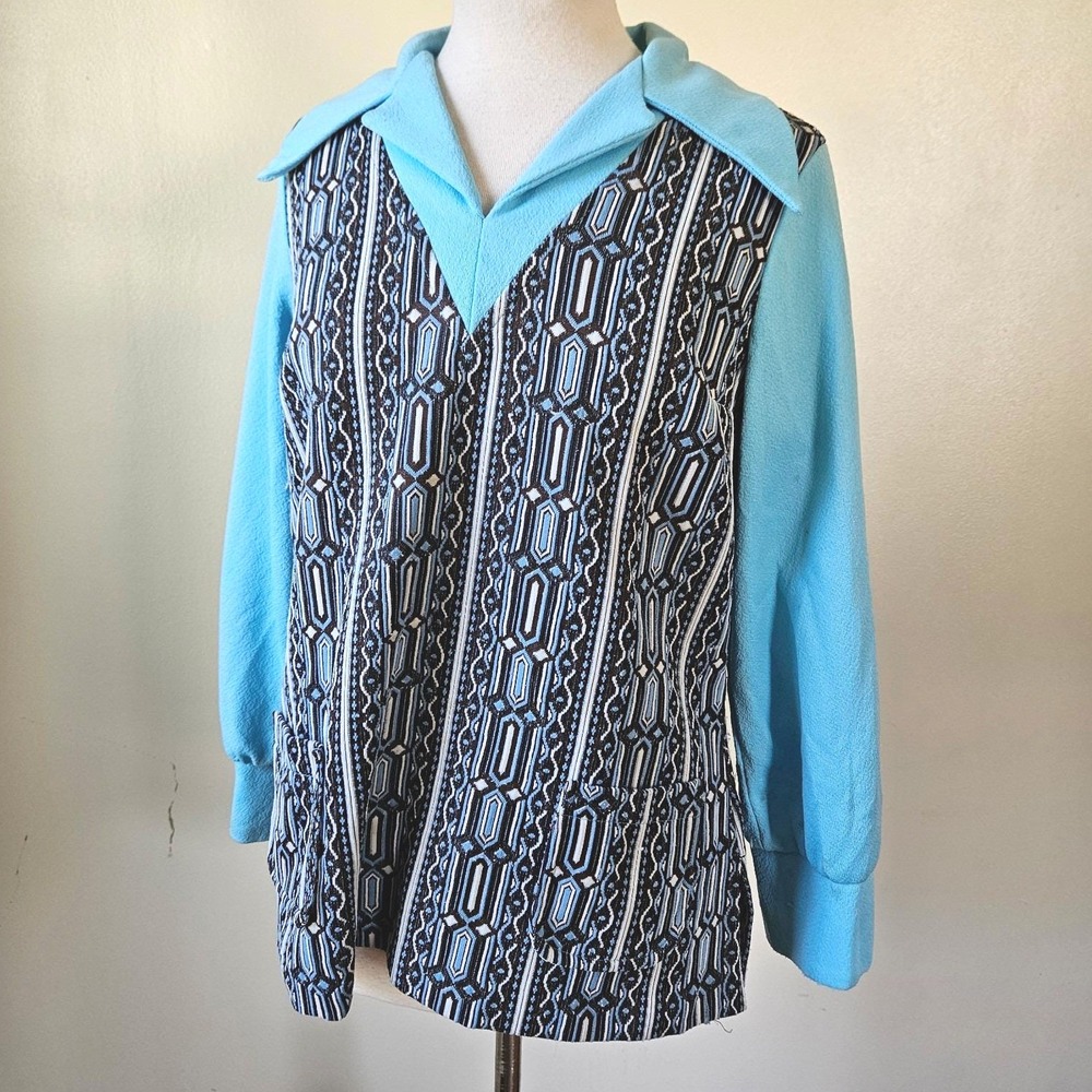 Vintage 70s Stockton Blue Brown Polyester Double‎ Knit Retro Mod Tunic Top M/L